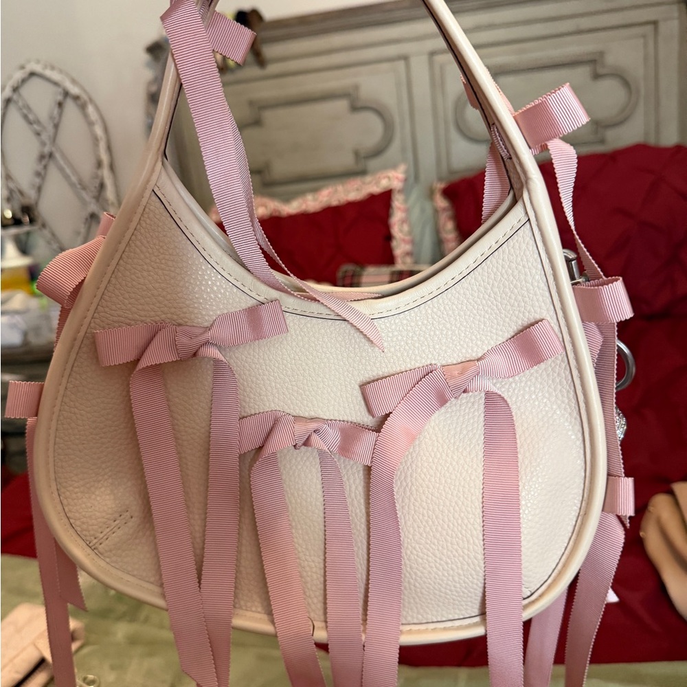 Coach White Shoulder Bag with Pink Bow Accents